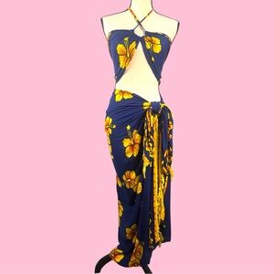 2-Piece Hibiscus Navy Yellow Beach Sarong Pareo Set